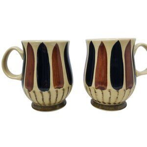 Vintage Japanese Stoneware Mugs Set Of 2 With Hand-Painted Geometric Design